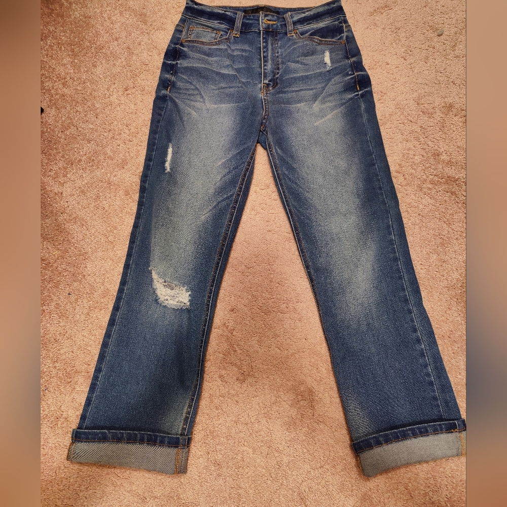Tinsel Blue Destroyed Denim Straight Cuffed Jeans